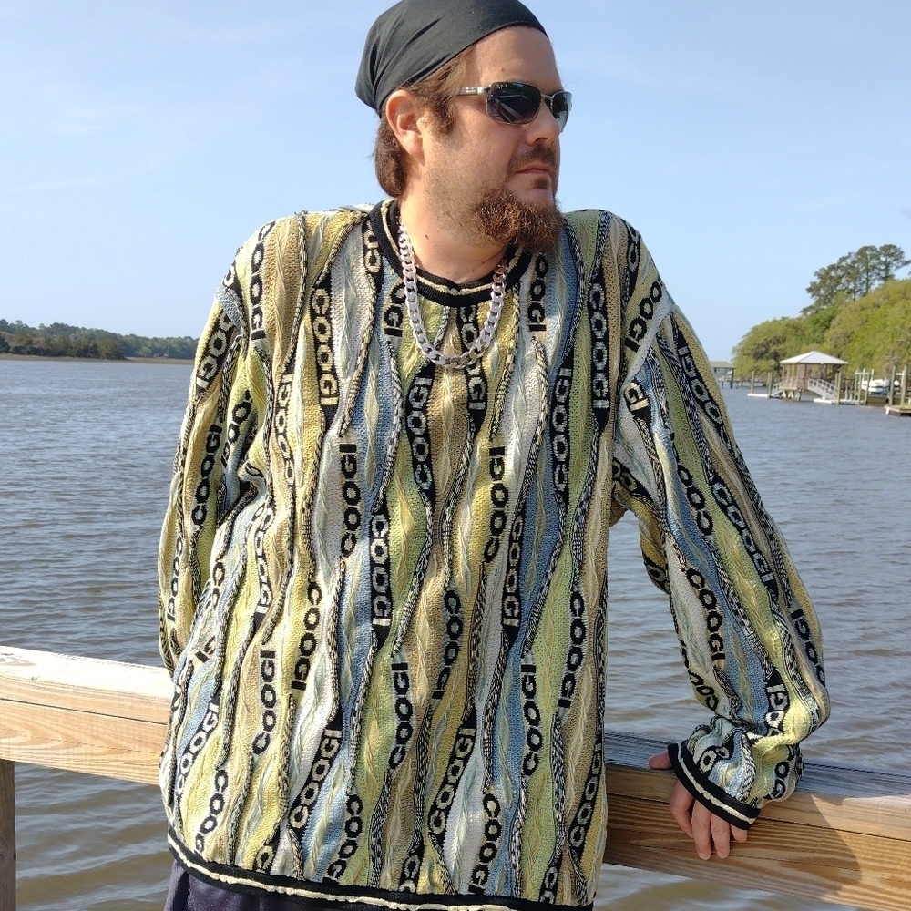 Rare COOGI Spellout Sweater 3XL Mercerized Cotton 3D Knit Blue Green Black